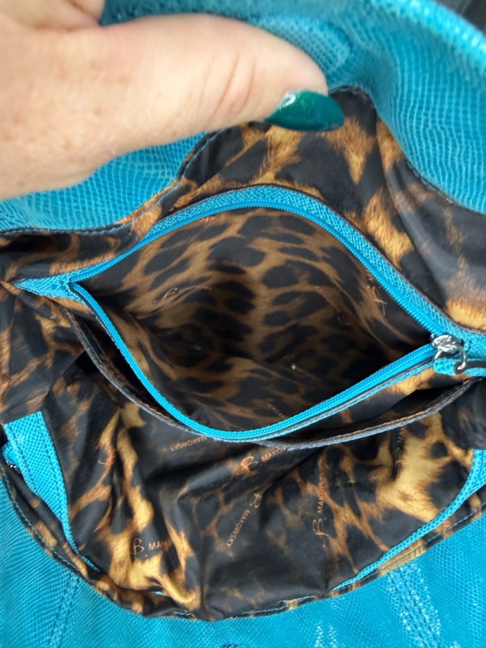 B Makowsky Blue Turquoise Silver Snake Embossed Soft Leather Large Handbag - Picture 11 of 15